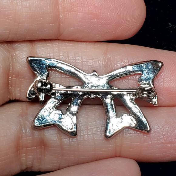 Pink Rhinestone Silver Tone Bow Unsigned Brooch Pin 1" Vtg - Picture 3 of 4